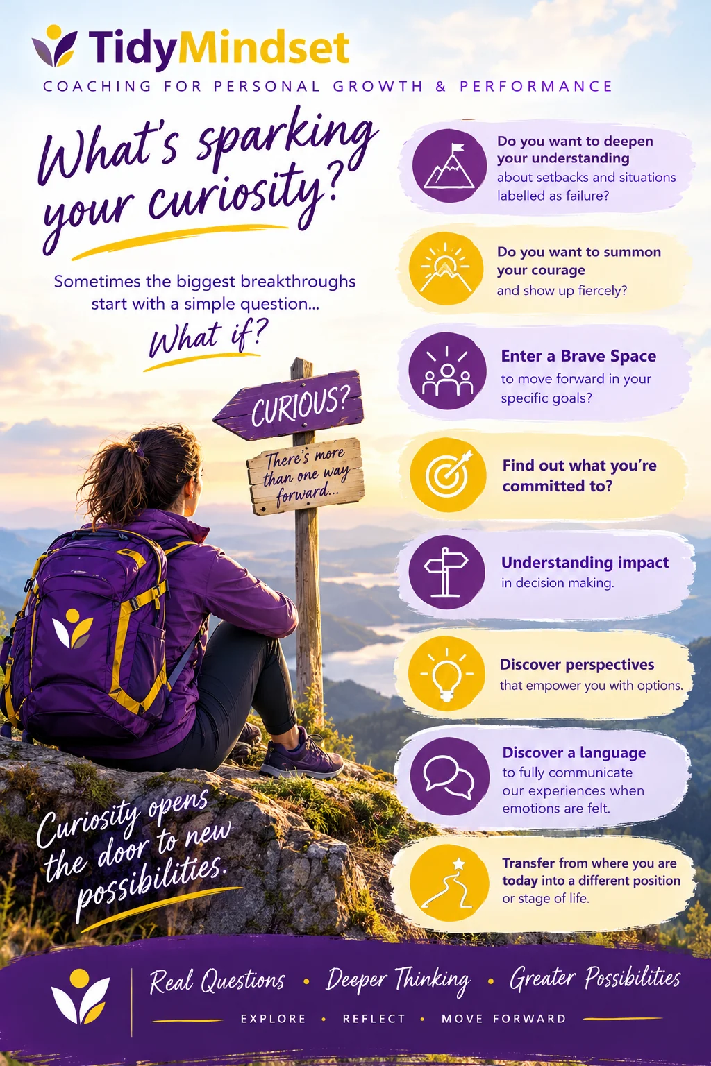 What's sparking your curiosity? Sometimes the biggest breakthroughs start with a simple question: what if? A woman in a purple jacket and backpack sits on a hilltop looking over a valley, beside a signpost reading Curious? There's more than one way forward. Prompts include: do you want to deepen your understanding about setbacks and situations labelled as failure; summon your courage and show up fiercely; enter a Brave Space to move forward in your specific goals; find out what you're committed to; understand impact in decision making; discover perspectives that empower you with options; discover a language to fully communicate our experiences when emotions are felt; transfer from where you are today into a different position or stage of life. Curiosity opens the door to new possibilities. Real questions, deeper thinking, greater possibilities. Explore, reflect, move forward.